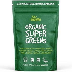 BodyMe Orgánico Vegano Verde Polvo | 270g | Super Greens Mezcla | Con Agropiros Moringa Espirulina Clorela Matcha Inulina Prebiótica Mango Cúrcuma Remolacha Ashwagandha