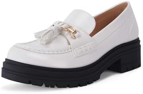 VETASTE Womens Chunky Lug Sole Platform Loafers Casual Round Toe Slip On Office Uniform Oxfords Shoes with Metal Chain and Tassels White