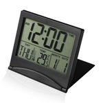 Digital Travel Alarm Clock with LCD Display, Foldable Desk Top Clock with Day, Date and Temperature Indication, Battery Operated Small Digital Alarm Clock for Table, for Travel Home Use, Black