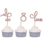 Set of 24 Rose Gold Glitter Love Diamond Ring I Do Cupcake Toppers for Wedding Bridal Shower Decorations