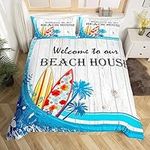 Beach House Duvet Cover Set Full Size,Surfing Surfboard Blue Waves Coconut Trees Comforter Cover with 2 Pillowcases,Rustic Farmhouse Wooden Barn Door Breathable Bedspread for Boys Teens,Pillow Sham