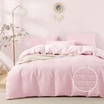 JELLYMONI Pink Duvet Cover Queen Size - 3 Pieces Soft and Breathable Microfiber Knitted Jacquard Waffle Weave Striped Comforter Cover with 8 Corner Ties & Zipper Closure