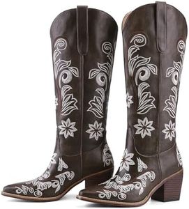 QIV Dark Brown Cowboy Boots for Women Western Pointed Toe Chunky Heel Mid Calf Cowgirl Boots with Embroidered Floral Size 6.5