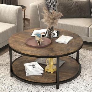 NSdirect 36 inches Round Coffee Table, Rustic Wooden Surface Top & Sturdy Metal Legs Industrial Sofa Table for Living Room Modern Design Home Furniture with Storage Open Shelf (Brown)