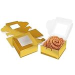 BELLE VOUS 50 Pack Gold Paper Kraft Single Bakery Pastry Boxes with Windows - 10.16 x 10.16 x 5.7cm/ 4 x 4 x 2.24 inches - Disposable Packaging Boxes for Cookies, Cup Cakes, Desserts, Pies & Gifts