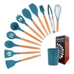 Oren Empower Set of 12 Pcs Silicone Spatula with Wooden Handle / Kitchen Utensil for Cooking, Baking & Mixing / Non-Stick BPA Free / Heat Resistant Item, Flexible Non Toxic Silicon Cookware Tools with Holder- Blue