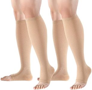 Bropite Open Toe Compression Socks for Men & Women - 2 Pairs of 15-20 mmhg toeless Circulation Medical Compression Socks, Beige, Small-Medium