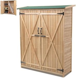 GiantexUK Wooden Garden Shed, Tool Storage Cabinet with 3 Shelves, Asphalt Sloped Roof, Lockable Double Doors & Raised Legs, Outdoor Tall Vertical Tool Shed Organizer, 140 x 50 x 161cm, Natural