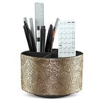 Lvkjafaz Round Leather Art Supply Organizer,Remote Control Holder,360 Degree Spinning,Multi-Functional Pencil Holder,4 Compartments Desktop Stationary Organizer(1-Gold)