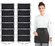 Avalon Kitchen 12 Pack Server aprons with 3 pockets - waitress apron with pockets, waist apron for Women and Man, half apron for waiter (Black)