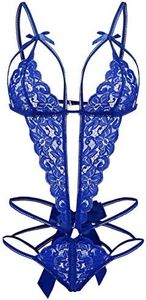 Donnalla Women's Deep V Lace Teddy One Piece Lingerie Cutout Strappy Lingerie, Royal Blue, X-Large