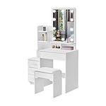 LEMROE Bedroom Faux Leather Dressing Table with Hollywood LED mirror and stool Makeup Table Organiser with 7 Shelves and 4 Drawers Vanity Dresser, Modern with light for Women Girls