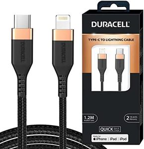 Duracell USB Type C To Lightning Apple Certified (Mfi) Braided Sync & Charge Cable For Iphone, Ipad And Ipod. Fast Charging Lightning Cable, 3.9 Feet (1.2M) - Black