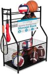 BIRDROCK HOME Sports Equipment Ball Organizer 43"H for Garage -Storage Rack - Baseball, Tennis, Football, Gym Gear - Wide Bin Basket - 4 Hooks - Kids Toy Holder - Hockey Stick Cage | Indoor - Outdoor