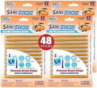 SANI 360° Sani Sticks Drain Cleaner and Deodorizer, Enzyme Pipe Cleaners, Eliminate Odors, Prevent Clogged Drains, Safe for Sinks, Bathtub Drains, Septic Tanks, 48 Count, Orange Scent