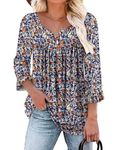 KISSMODA Womens Square Neck Casual Floral Blouses 3/4 Ruffle Sleeve Tunic Tops Button up Flowy Dressy Shirts 2024 Trendy OrangeFloret Medium