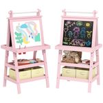 AIYAPLAY Art Easel for Kids with Paper Roll, 3 in 1 Kids Easel Double-Sided Magnetic Whiteboard and Chalkboard with Storage Baskets, for Children 3-6 Years - Pink