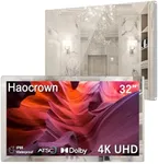 Haocrown 32 Inch 4K Ultra HD Smart Mirror Bathroom TV, IP66 Waterproof Android 13 TV with Voice Remote, Google Assistant & ATSC Tuner, 2+32GB (Silver Frame 2025 Model)