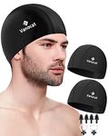 2 Pack Lycra Swim Caps for Women Men, High Elasticity Spandex Fabric Swimming Caps for Long/Short Hair, Comfortable Swim Hats with Ear Plugs & Nose Clip