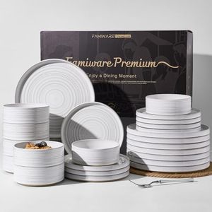 Stoneware Dinnerware Sets for 8, Reactive Glaze Plates and Bowls Set, White | Famiware Premium 24-Piece Speckled Spiral Dish Sets, Chip & Scratch Resistant Everyday Ceramics, Microwave & Dishwasher Safe