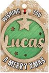 Personalised Wooden Lucas Name Green Hanging Christmas Tree Bauble Decoration