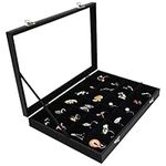 BELLE VOUS 24 Sections Black Velvet Jewellery Organiser Display Case Box Tray & Glass Lid - Stackable Tray for Drawer, Adjustable Storage Grids for Rings, Necklaces, Bracelets, Earrings & Watches