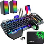 Wireless Gaming Keyboard Mouse and Wired Computer Speaker with Rainbow RGB Backlit Rechargeable Battery Metal Mechanical Ergonomic Waterproof Dustproof Removable Palm Rest for Laptop PC Gamer(Black)