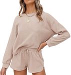 wkwmrpet Women's Waffle Knit Long Sleeve Top and Shorts Pullover Nightwear Lounge Pajama Set with Pockets