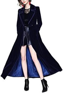 Omoone Women's Slim Notch Lapel Long Vintage Velvet Trench Coat Dress, Navy Blue Long, Medium