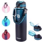 TOPBADE 32oz Water Bottle Stainless Steel with Straw, Insulated Water Bottle with Paracord Handle & Spout Lids, Double Wall Sweat-Proof BPA-Free Metal Insulated Flask BLUE BLACK