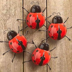 Metal Ladybugs Garden Wall Art Decor Cute Handmade Ladybugs for Christmas Backyard Garden Lawn Porch Outdoor Decoration with Red and Black Spots Easy Hanging Yard Wall Ornament Set of 4