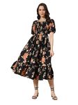 KZULLY Women's Crepe A-Line Midi Dress (1001-Gold-Flower-Black-M_Gold