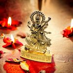 Blissful Decor Amishi Handicraft Small maa Saraswati Vidya Devi Idol Metal Gold Plated Saraswati MATA Statues for Car Dashboard Mandir Pooja Murti Temple Puja Home Decor Office Showpiece