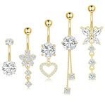 VCMART Surgical Stainless Steel Dangle Belly Button Rings for Women Belly Ring Dangling Piercing Jewelry with Heart Flower Butterfly Gold Tone 14G