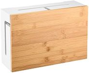 Cable Management Box with Magnetic Bamboo Lid and Cable Ties, Elegant, Durable Cable Organiser Box for Hiding Cables and Power Strips, Wall Mountable Cable Box, White