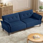 COPIAE 89” Futon Sofa Bed, Velvet Fabric Comfy Futon Couch Bed with 2 Square Pillows, Convertible Sleeper Sofa with Adjustable Backrest& Armrests, Modern Loveseat Sleeper for Living Room, Blue