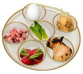 Round Glass Seder Tray with 6 Removable Bowls - Clear with Gold Beaded Trim - Passover Holiday Kaarah Pesach Dinner Plate 11"