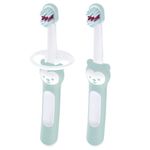 MAM Baby's Brush Pack of 2, Baby Toothbrushes With Safety Shields, Ideal for Teaching Dental Hygiene to Infants, Toothbrush for Babies, Suitable From Birth, Blue (Designs May Vary)