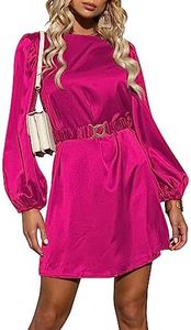 HUUSA Women's 2023 Fall Fashion Satin Mini Dress Elegant Puff Long Sleeve High Waist Cocktail Party Formal Dress with Belt, Hot Pink, Small