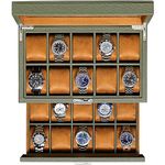 ROTHWELL 20 Slot Leather Watch box - Luxury Watch Case Display Jewelry Organizer, Locking Watch Display Case Holder with Large Real Glass Top - Watch Box Organizer for Men and Women (Green/Tan)