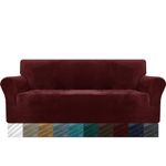 MAXIJIN Thick Velvet Sofa Covers 3 Seater Super Stretch Non Slip Couch Cover for Dogs Cat Pet Friendly 1-Piece Elastic Furniture Protector Plush Sofa Slipcovers (3 Seater, Wine Red)