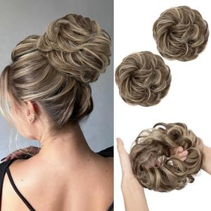 SARLA 2PCS Messy Hair Bun Hair Pieces Wavy Curly Synthetic Updo Fake Scrunchies Ponytail Extension for Women Brunette Blonde Multi