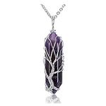 CrystalTears Amethyst Healing Crystal Stone Necklace Tree Of Life Wire Wrapped Natural Hexagonal Crystal Points Pendant Necklace Mothers Day Gifts for Mum Women Her Wife Girlfriend