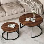 LIVE TOUCH Two Modern Nesting Coffee Tables in a Round Shape with a Wood Side and a Sturdy Metal Frame for use in a Living Room, Balcony, or Garden [Black Brown]