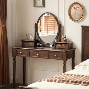 YESWOOD Vintage Vanity Desk with Mirror, Solid Catalpa Wood Walnut Makeup Table, Vintage Dressing Table Vanity Desk for Bedroom, Walnut, 43" D x 18" W x 56" H