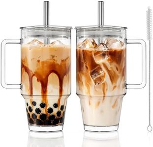 KEMORELA 24oz Clear Glass Tumbler with Handle, Lid & 13mm Stainless Steel Straws,2 set–Wide-Mouth Reusable Glass Cups for Cold & Hot Drinks, Ideal for Boba,Smoothies, Iced Coffee & Juice, Travel Cup