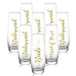 NUPTIO Champagne Glasses Bridal Shower Gift: Set of 8 Stemless Party Prosecco Flutes Tumbler Bride Bridesmaid Maid of Honor Wedding Clear Gold Embossed