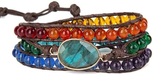 SPUNKYsoul Chakra Awareness Balancing Leather 3 Wrap Crystal Bracelet with Hematite for Women (Brown 6mm Labradorite)