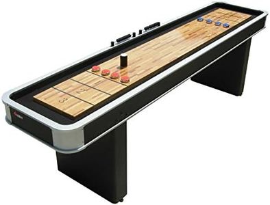 Atomic 9’ Platinum Shuffleboard Table with Poly-coated Playing Surface for Smooth, Fast Puck Action and Pedestal Legs with Levelers for Optimum Stability and Level Play