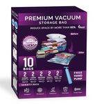 iNest Vacuum Storage Bags for Cloths - Pack of 10 (2 Jumbo, 2 Large, 2 Medium, 2 Small, 2 Roll-Up Bags with Pump) for Clothing, Bedding, Pillows, Quilts for Home and Travelling and Its Reusable